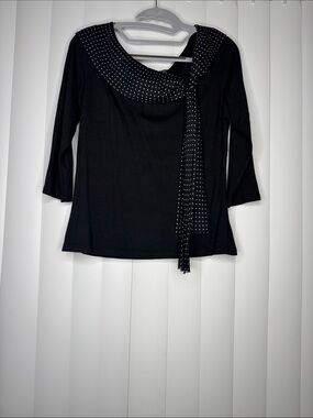 INC International Concepts Black Long Sleeve Top with Polka Dot Scarf Accent